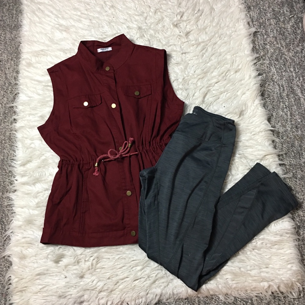 Zeagoo Sleeveless Denim Vest Utility Jacket Burgundy Waist Drawstring Size Large